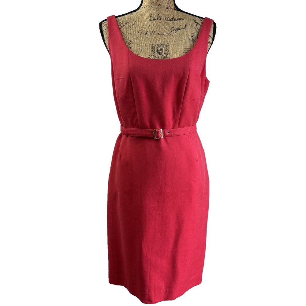 Eccoci Women's Red Cotton Blend Sleeveless Scoop Neck Belted Sheath Dress Sz 8